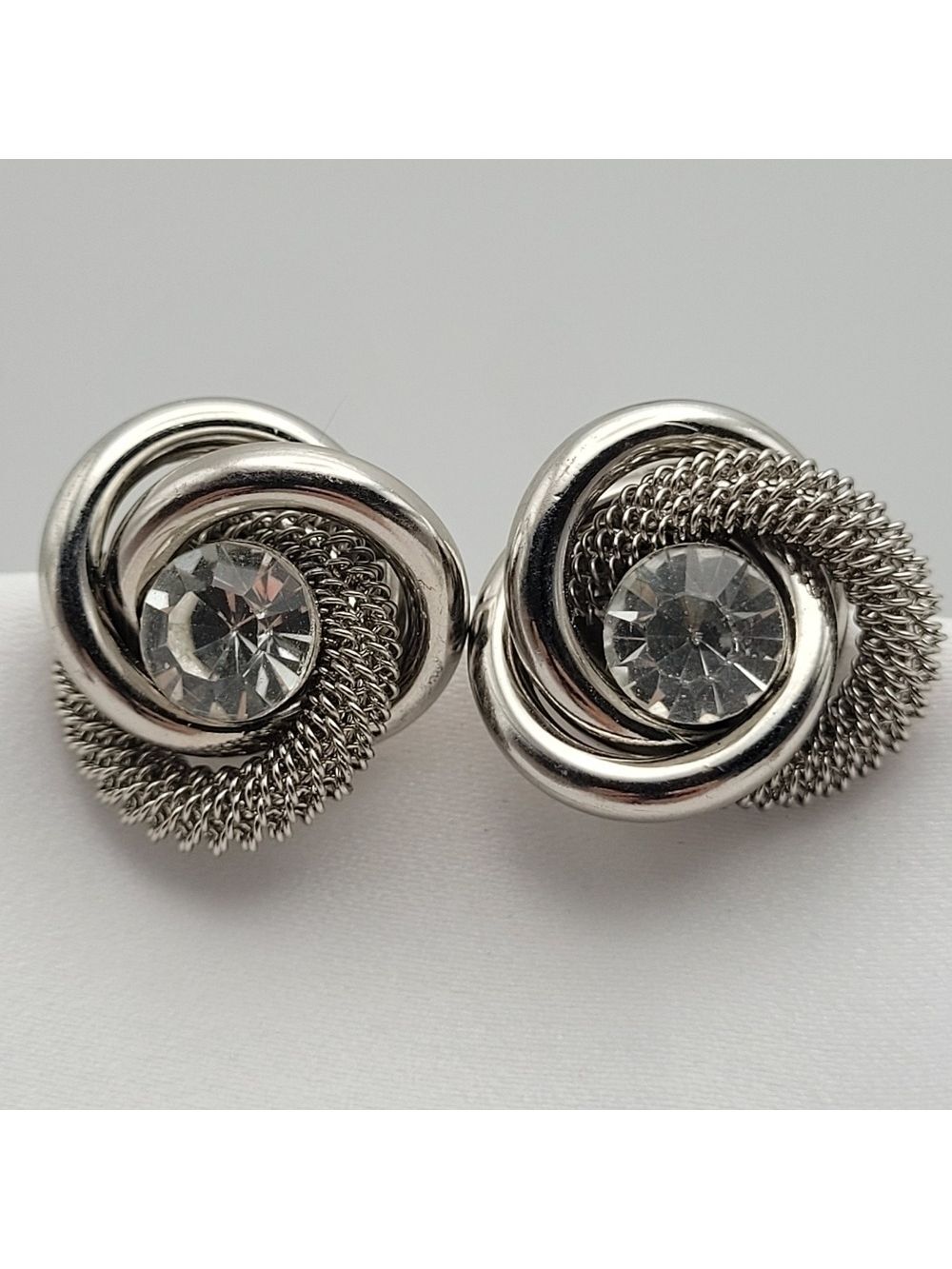 ✨2/$10✨ Twisted Silver Earrings Clear Crystal Round Oval Mesh - Picture 6 of 9